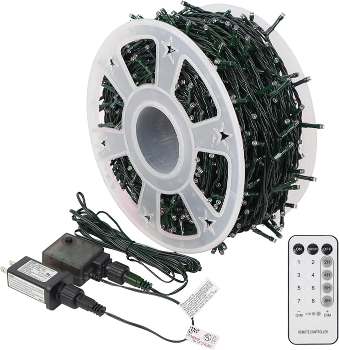 LJLNION 1000LED Christmas Lights, Extra Long 328FT Xmas Green Wire Fairy String Lights Plug in Outdoor, Remote Control & 8 Lighting Modes, Waterproof for Wedding Party Bedroom Decorations, Warm White