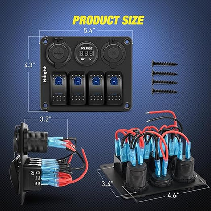 Nilight 4 Gang Rocker Switch Panel Waterproof Pre-Wired Aluminum with PD Type C and USB Cigarette Lighter Socket Voltmeter 12V 24V ON Off for Car Trucks Boats RVs