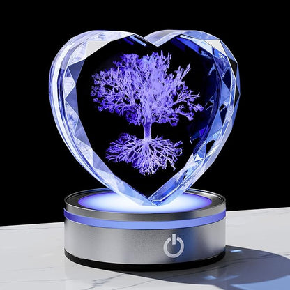 Qianwei Tree of Life Gifts for Women 3D Crystal Heart - Laser Tree of Life Decor Glass Animals Gifts Figurines Statue Stuff for Room Decorations Night Light