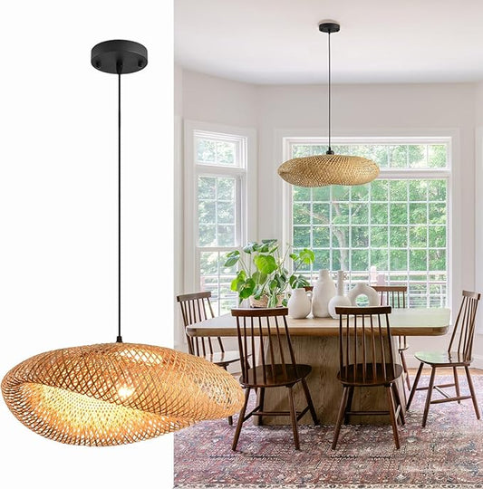19.7in Farmhouse Bamboo Pendant Light Rattan Woven Chandelier for Dining Room Boho Lights Fixture Kitchen Island Wicker Hanging Lighting for Restaurants Breakfast Nook Foyer Entryway Porch