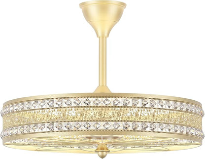 24 Inch Fandelier Ceiling Fan with Light and Remote, Luxury Crystal French Rococo Chandelier Fan, Bladeless Enclosed Caged Pendant Light Fixture for Living Room, Bedroom, Dining Room, Kitchen Island