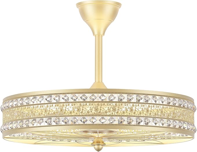 24 Inch Fandelier Ceiling Fan with Light and Remote, Luxury Crystal French Rococo Chandelier Fan, Bladeless Enclosed Caged Pendant Light Fixture for Living Room, Bedroom, Dining Room, Kitchen Island