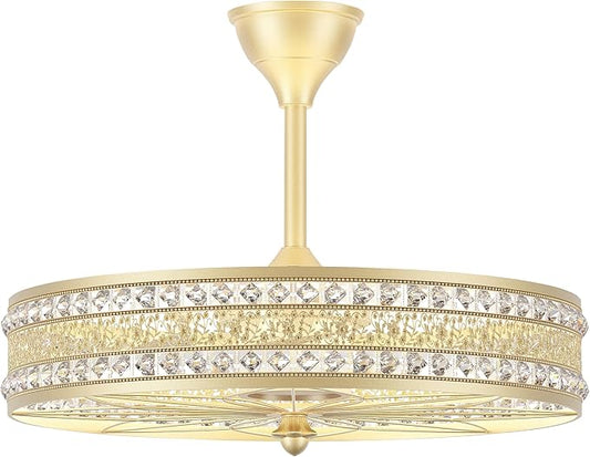 24 Inch Fandelier Ceiling Fan with Light and Remote, Luxury Crystal French Rococo Chandelier Fan, Bladeless Enclosed Caged Pendant Light Fixture for Living Room, Bedroom, Dining Room, Kitchen Island