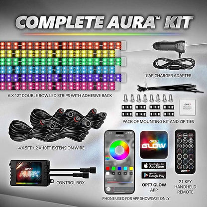 OPT7 Aura Pro 6PC Double LED Interior Strip Lights with APP & Remote Control, Multicolor Mode, Sound Active Inside Ambient Lighting Kit, Truck SUV RV Footwell Floor Decor, 12V Car Charger