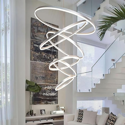 6 Rings Pendant Lights 47.2'' Modern Height Adjustable Chandeliers Sliver Led Chandelier Dimmable Sliver Chandelier Led Pendant Light for Dining Room Bedroom Living Room(3000K-6000K)