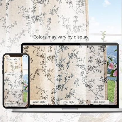 jinchan Floral Kitchen Curtains 54 Inch Linen Tier Curtains Farmhouse Cafe Half Window Drapes for Small Windows Light Filtering Black on Beige for Living Room Bathroom Back Tab 2 Panels