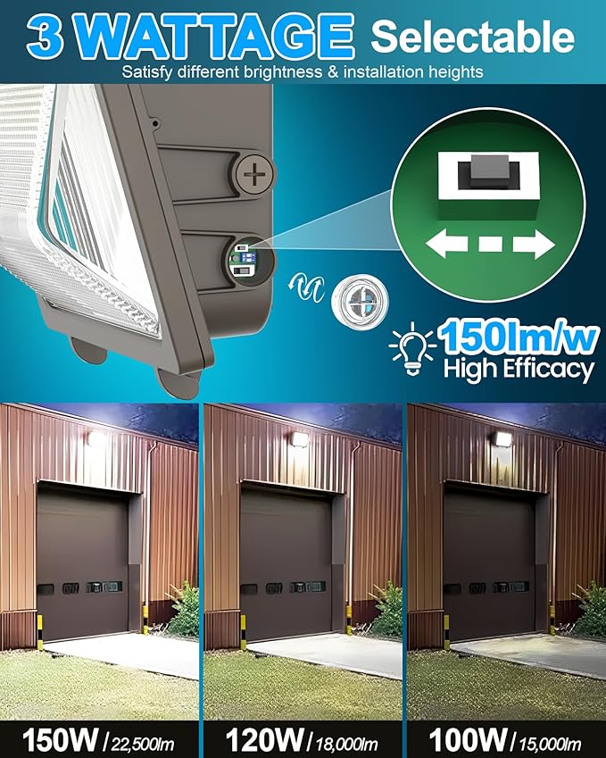 AKK LED Wall Pack Light 150W/120W/100W & 3000K/4000K/5000K Selectable, Glass Lens, Dusk to Dawn Photocell & Timed Dimming, 18000LM, IP65 Waterproof for Garage, Warehouse and Exterior Building Security