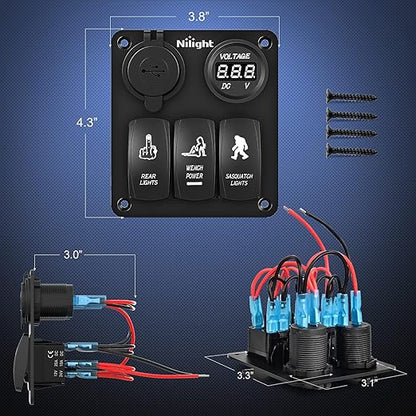Nilight 3 Gang Rocker Switch Panel USB Charger LED Voltmeter Sasquatch Lights Wench Power Rear On Off Aluminum Waterproof Toggle for 12V Cars Trucks Boats