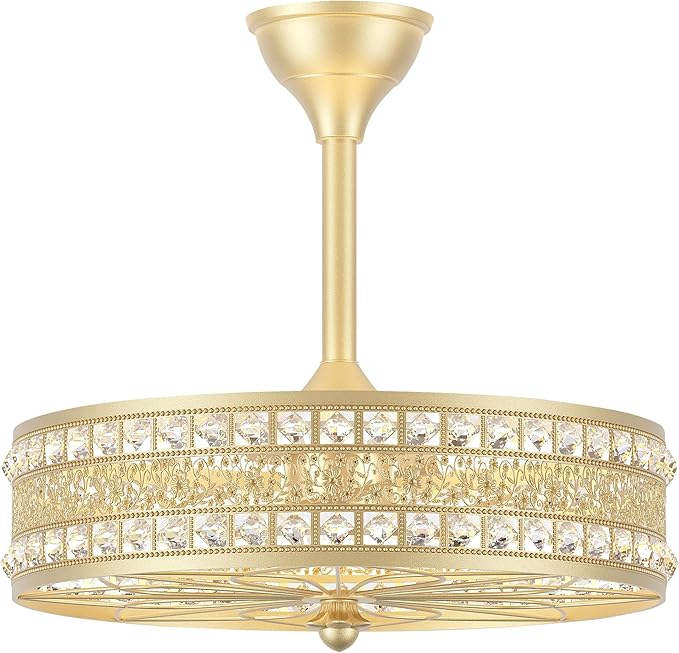 Fandelier Ceiling Fan with Light,Gold Crystal French Glam Drum Chandelier Fan, Decorative Elegant Caged Bladeless Hanging Pendant Light Fixture for Girls Room, Bedroom, Dining Room, Kitchen Island
