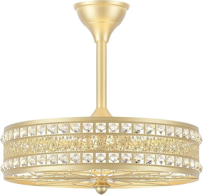 Fandelier Ceiling Fan with Light,Gold Crystal French Glam Drum Chandelier Fan, Decorative Elegant Caged Bladeless Hanging Pendant Light Fixture for Girls Room, Bedroom, Dining Room, Kitchen Island
