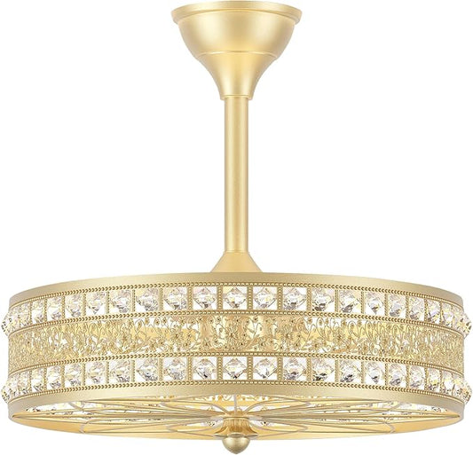 Fandelier Ceiling Fan with Light,Gold Crystal French Glam Drum Chandelier Fan, Decorative Elegant Caged Bladeless Hanging Pendant Light Fixture for Girls Room, Bedroom, Dining Room, Kitchen Island