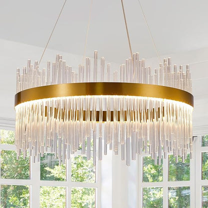 Depuley 23.6" Modern Crystal Chandeliers: Dimmable LED Gold Chandeliers Light Fixture with Remote Control - 3 Colors Contemporary Pendant Ceiling Light for Dining Living Room Kitchen Island Foyer