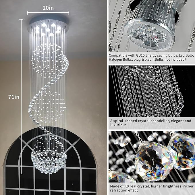 Modern Spectacular Spiral Sphere Rain Drop Chandeliers, k9 Crystal Chandeliers Ceiling Light Fixture for Hallway, Foyer Staircase Light for High Ceilings, Romantic Deco Lamp 20" X 71" of CRYSTOP