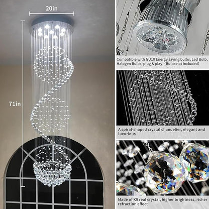 Modern Spectacular Spiral Sphere Rain Drop Chandeliers, k9 Crystal Chandeliers Ceiling Light Fixture for Hallway, Foyer Staircase Light for High Ceilings, Romantic Deco Lamp 20" X 71" of CRYSTOP