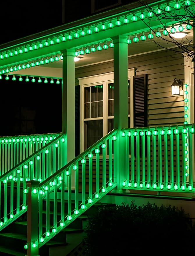 50Ft Outdoor String Lights Green Glow White Wire - Waterproof G40 LED Globe Patio Lights for St. Patrick's Day, Christmas, Garden Fence - 25 Shatterproof Bulbs, Connectable