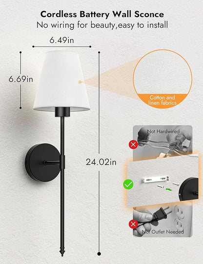 VOLISUN Battery Operated Wall Sconces Set of Two, Wireless Wall Sconces with Remote and Dimmable Bulbs, 9 Colors Battery Powered Wall Lights, Black Rechargeable Wall Lamps for Bedroom (23.6 inch)