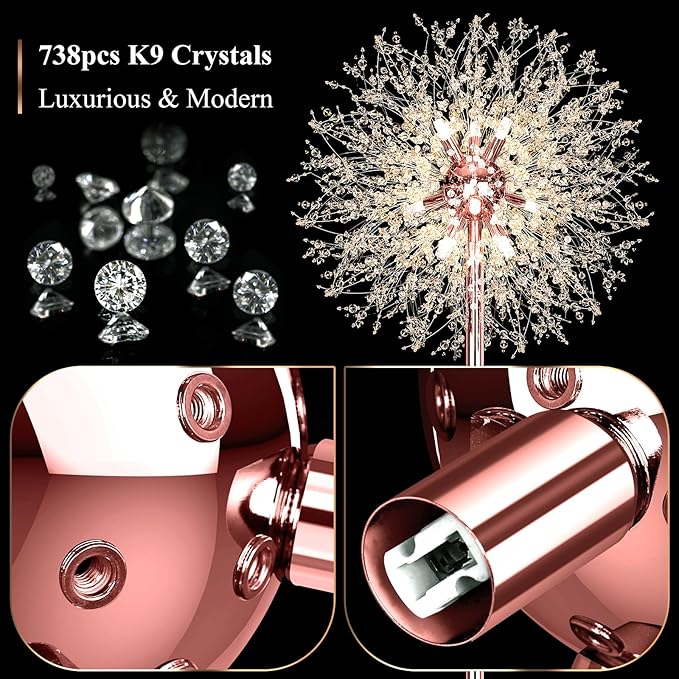 BesLowe 69'' Crystal Floor Lamp for Living Room, Modern Standing Lamp with 738PCS K9 Crystals, Tall Lamp Pole Light for Bedroom Office, Mid Century Floor Lighting with 9 LED Bulbs, Rose Gold