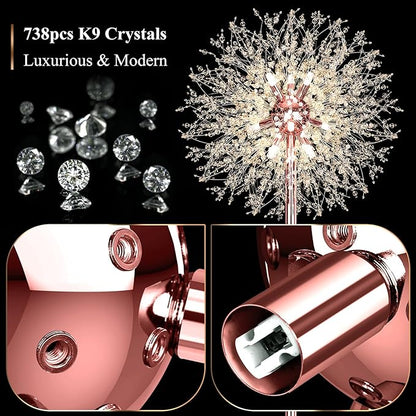 BesLowe 69'' Crystal Floor Lamp for Living Room, Modern Standing Lamp with 738PCS K9 Crystals, Tall Lamp Pole Light for Bedroom Office, Mid Century Floor Lighting with 9 LED Bulbs, Rose Gold