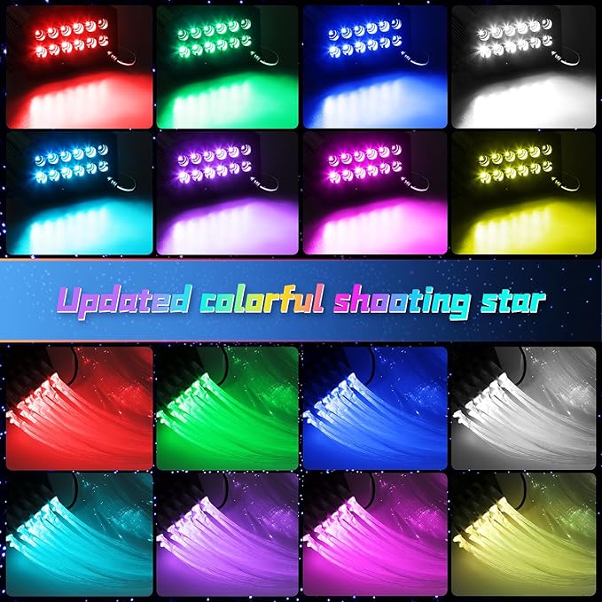 Car Starlight Headliner Kit, 4 Colors 32W Twinkle & Meteor Fiber Optic Ceiling Lights, 2 in 1 Light Engine 500pcs*0.03in*13.1ft+240 RGBW Shooting Stars Lights for Car Home Roof Décor
