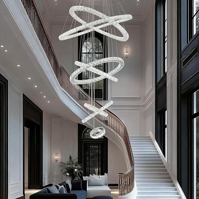 Finktonglan 7-Ring Crystal LED Chandelier, Cool White 6000K Modern Pendant, Adjustable Height up to 118", K9 Stainless Rings (Ø5.9–29.5"), Non-Dimmable Foyer Stair Ceiling Light