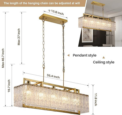 35.4" Gold Crystal Modern Chandelier for Dining Room, Chandeliers with Water Ripple Glass, Adjustable Chain Length,Luxury Rectangular Pendant Light Fixture for Kitchen Island Living Room