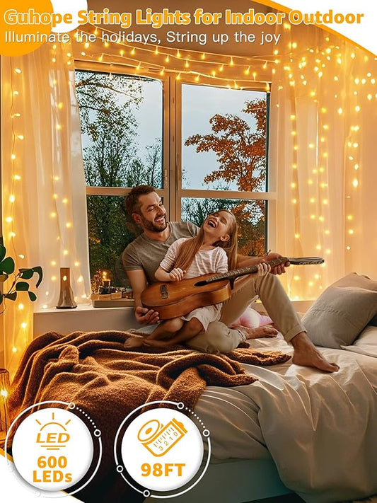 Guhope Christmas String Lights 600LED 98FT, Waterproof String Lights with Remote and Timer, 8 Modes Dimmable Christmas Lights for Indoor Outdoor Wedding Party Holiday Decorations (Warm White)