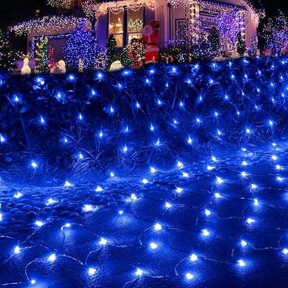 Pooqla Net Lights, 300LED Christmas Outdoor Mesh Light, 14.8x4.9 ft Fairy String Light with 8 Modes Green Wire, Connectable Waterproof for Bushes Tree Garden Christmas Decor, Blue