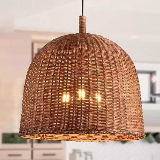 HUEHENGHAO 16.54" Dark Brown Rattan Pendant Light, 3-Light Rattan Chandelier Handmade Woven, Wicker Basket Chandelier Farmhouse for Dining Living Bedroom Kitchen