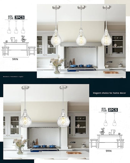TENGXIN 8 Inch Hanging Pendant Lights,Island Lights for Kitchen,Brushed Nickel Finished Hammered Pendant Light,Farmhouse Pendant Light for Dining Room,Bedroom,TXPLBN12-L