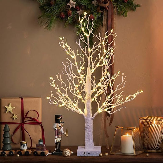 LIGHTSHARE 24IN Lighted Willow Tree Bonsai 70 Mini LED Lights Artificial White Birch Tree for Home, Festival, Wedding, Nativity, Party, and Christmas Decoration, Plug in or Battery (White)