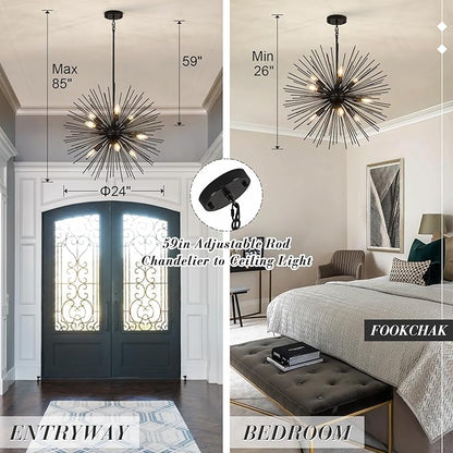 24in Black Sputnik Chandelier 9-Light Starburst Chandelier Light Fixture Solid Metal Mid-Century Modern Satellite Light Fixture for Dining Room Bedroom Bathroom Entryway Kitchen Island