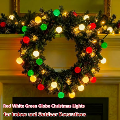 Round Christmas Lights Outdoor 13.5Ft G15 Red Green White Christmas Lights 50 LED Mini Globe String Light Indoor, Shatterproof Connectable & Plug in Xmas Light for Home Wreath Porch Patio Tree Decor