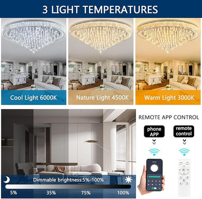 53.7" Modern Chandeliers LED Dimmable Crystal Flush Mount Ceiling Chandeliers for Living Room High Ceiling Entrance Foyer Lobby Bedroom Silver