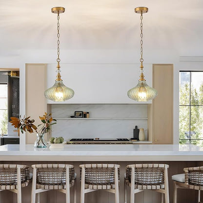 3-Light Chandelier,Vintage Gold Farmhouse Pendant Light Fixture for Kitchen,Adjustable Hanging Lighting with Green Glass Shade for Hallway Bedroom Entryway Dining Room Island