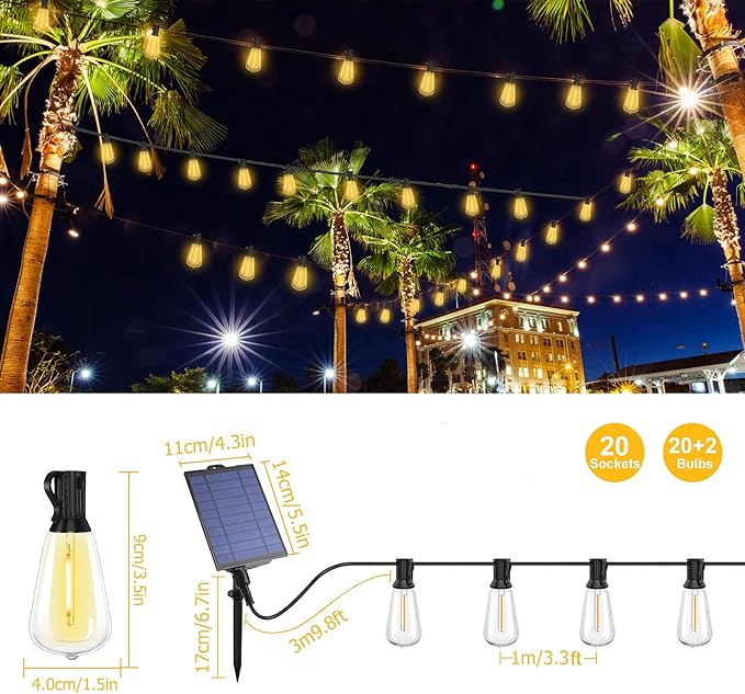 YOSION Solar Powered Warm White LED Outdoor String Light with Remote Control, Shatterproof Light Bulbs for Backyard Garden Patio Pergola Gazebo Bistro Bedroom Christmas Wedding Party (20+2 Bulbs)