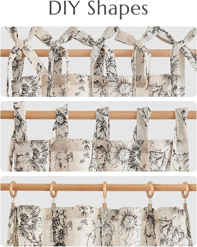 jinchan Floral Linen Tier Curtains 36 Inch Farmhouse Cafe Curtains Tie Top Botanic Drapes for Small Windows Over Sink for Kitchen Country Rustic Laundry Room Bathroom RV 2 Panels Black on Beige