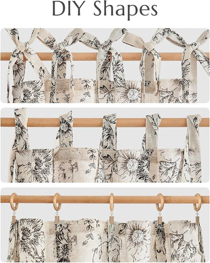 jinchan Floral Linen Tier Curtains 36 Inch Farmhouse Cafe Curtains Tie Top Botanic Drapes for Small Windows Over Sink for Kitchen Country Rustic Laundry Room Bathroom RV 2 Panels Black on Beige