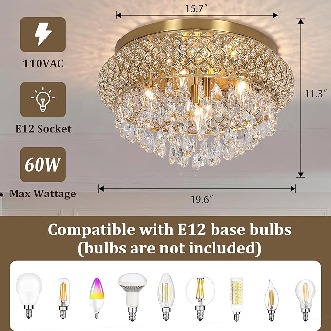 Maxax 19.5'' Crystal Brass Chandelier, 5-Light Large Vintage Farmhouse Ceiling Light Fixture, Drum Raindrop Metal Shade, French Empire, for Living Room Bedroom Dining Room Kitchen Entryway