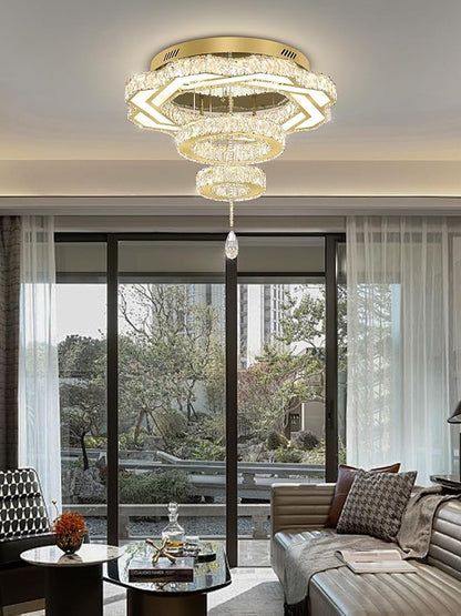 Flashing God Modern Crystal Chandeliers Dia 24" Gold Ceiling Chandelier Flush Mount Crystal Ceiling Light for Bedroom Living Room Dining Room Hallway LED Dimmable