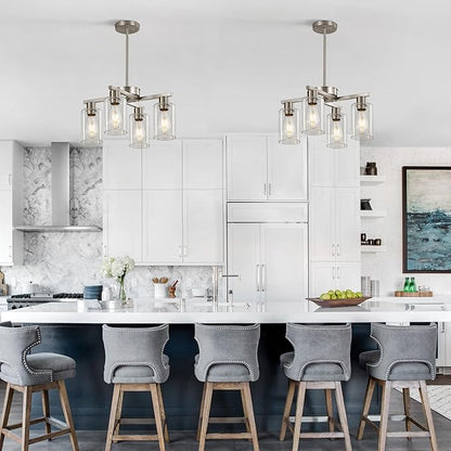 4-Light Brushed Nickel Dining Room Light Fixture, Modern Industrial Kitchen Chandelier Over Table, Adjustable Height Hanging Pendant Light for Kitchen Island, Entryway with Clear Glass Shade