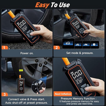 OlarHike Cordless Tire Inflator Portable Air Compressor, Dual Power Mode - 9000 mAh & 12V DC, Air Pump for Car Tires, Motorcycle, Bicycle, Electric Pump with LED Light & Digital Pressure Gauge