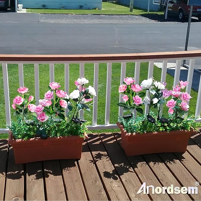 Anordsem Solar Garden Lights Outdoor: 10 Waterproof Fabric Roses 2 Pack - Pink LED Flower Decorations for Yard Patio Path Cemetery Grave - Mother’s Day Gift for Her Women Mom Wife