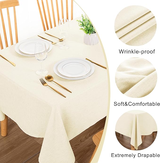 DWCN Rectangle Faux Linen Tablecloth - Textured Waterproof Spill-Proof Wrinkle and Stain Resistant Table Cloth Decorative Fabric Farmhouse Table Cover for Kitchen Dining, 60 x 102 Inch, Champagne