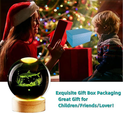 Shark Crystal Ball Night Light, 3.15 Inch K9 Crystal Ball with Wooden Base, 16 Colors, Remote Control, Art Deco Decor