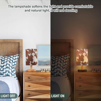 Bedside Table Lamp White Brown Cow Print Nightstand Lamp with Wood Animal Skin Desk Lamps for Bedroom Living Room Nursery Office Home Decor