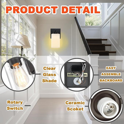 Loyareal Wall Sconces with Switch Set of Two, Bedside Wall Lamps for Bedroom, Modern Bathroom Light Fixtures with Milk Glass Shade, Black Sconces Wall Lights for Hallway, Living Room, Kitchen