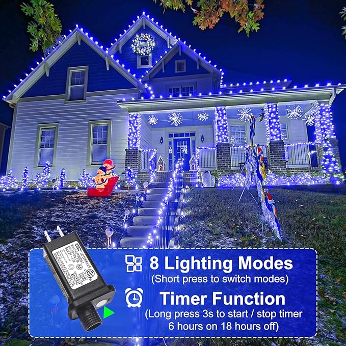 2 Pack Christmas Lights Outdoor, Total 200FT 600 LED String Lights for Outside Waterproof with 8 Modes, Connectable Plug In Fairy Lights for Indoor Patio Garden Party Holiday Decorations, Blue
