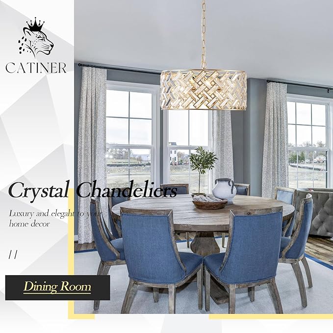CATINER Gold Crystal Chandelier Modern 18" Round Semi Flush Mount Ceiling Light for Dining Living Room Bedroom & Foyer - Large Round Pendant Fixture