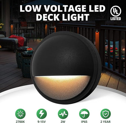 GKOLED 12 Pack Low Voltage LED Deck Lights, Landscape Step Lights Fixtures, 2W Integrated LED Chips, Die-cast Aluminum 12V AC/DC Railing Post Accent Lighting, Black Powder Coated Finish, UL-Listed