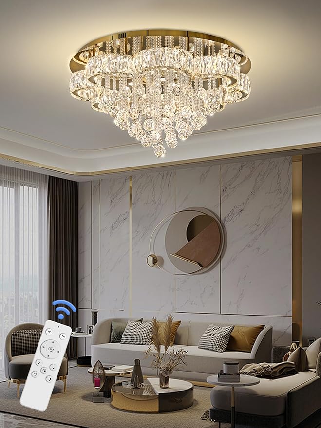 W32in Crystal Ceiling Chandelier Modern Gold Chandeliers Raindrop Crystal Ceiling Lighting Fixture Flush Mount Chandelier for Living Room Hallway Dining Room Kitchen Bedroom